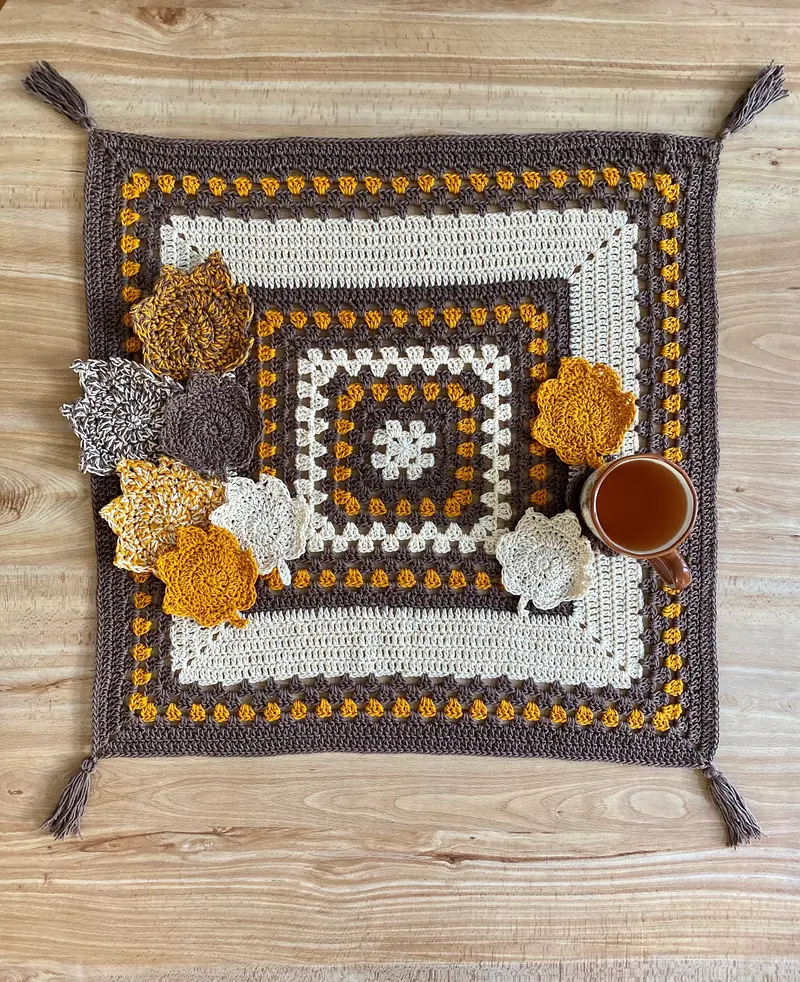 Crochet Kit - Autumn Table Cover & Leaf Coaster Set 1