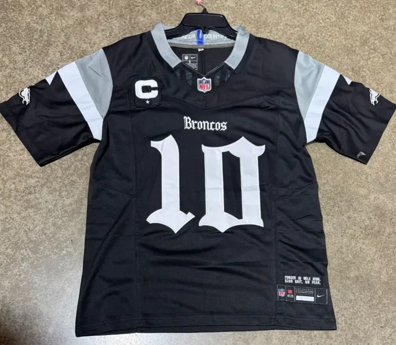 Denver Broncos Bo Nix Jersey # 10 Black Mens With Captain Patch Old English 2