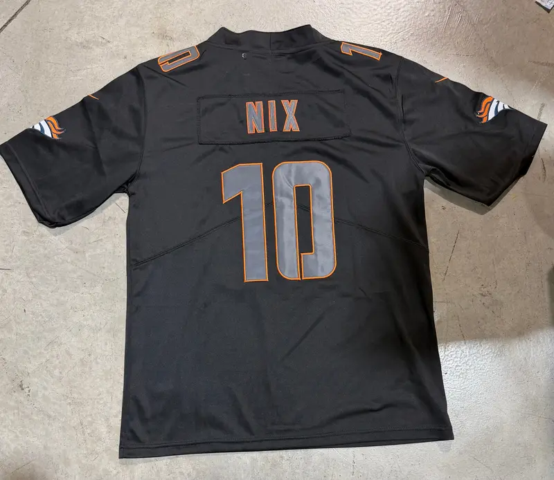Denver Broncos Bo Nix Jersey # 10 Black Orange With Captain Patch Replica 1