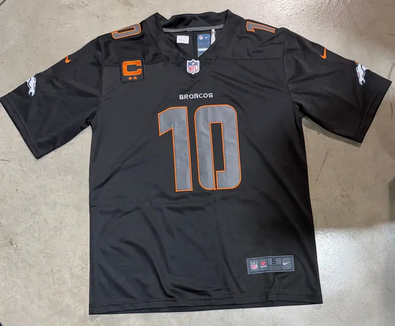 Denver Broncos Bo Nix Jersey # 10 Black Orange With Captain Patch Replica 2