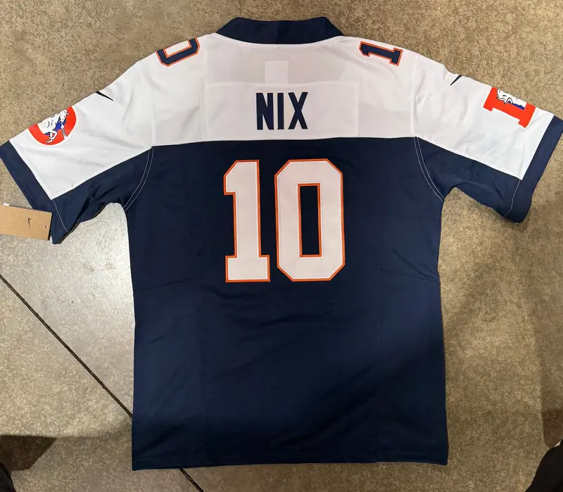 Denver Broncos Bo Nix Jersey # 10 Blue White With Captain Patch Replica 1