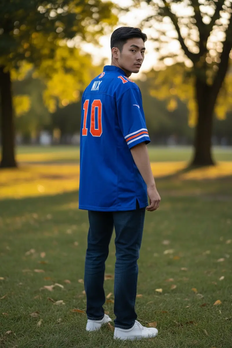 Denver Broncos Bo Nix Jersey # 10 Orange Royal Blue With Captain Patch Replica 1