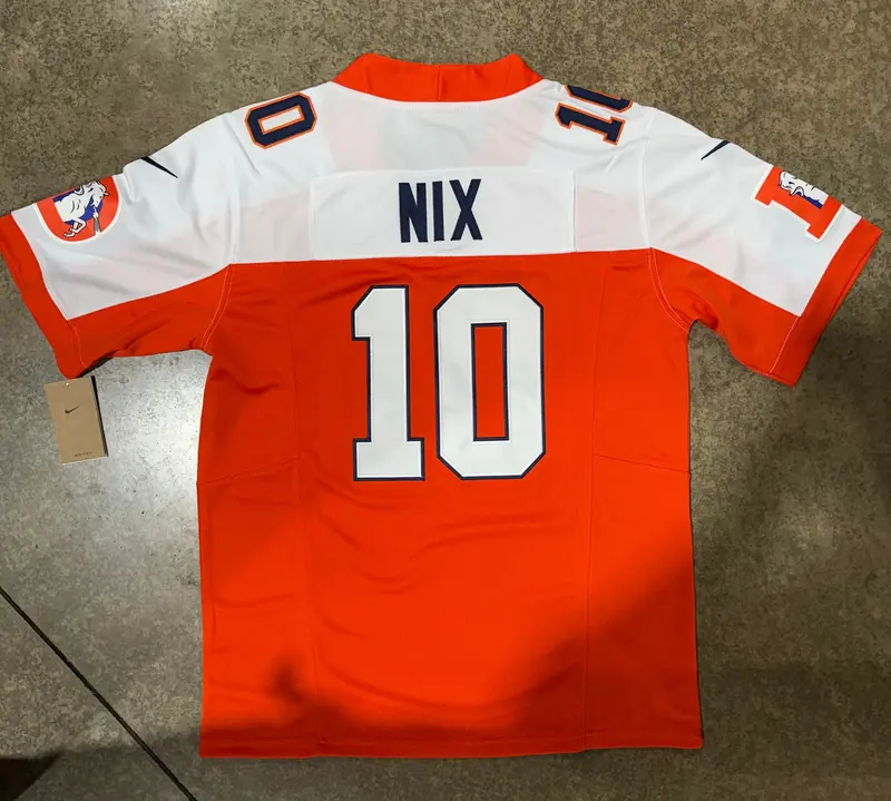 Denver Broncos Bo Nix Jersey # 10 Orange White With Captain Patch Replica 1