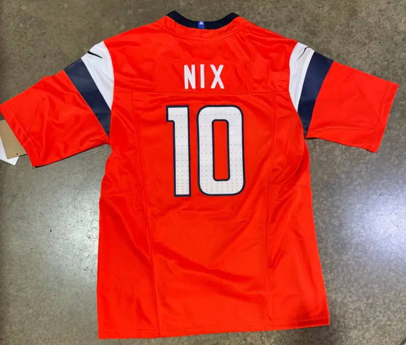 Denver Broncos Bo Nix Jersey # 10 Orange With Captain Patch 1