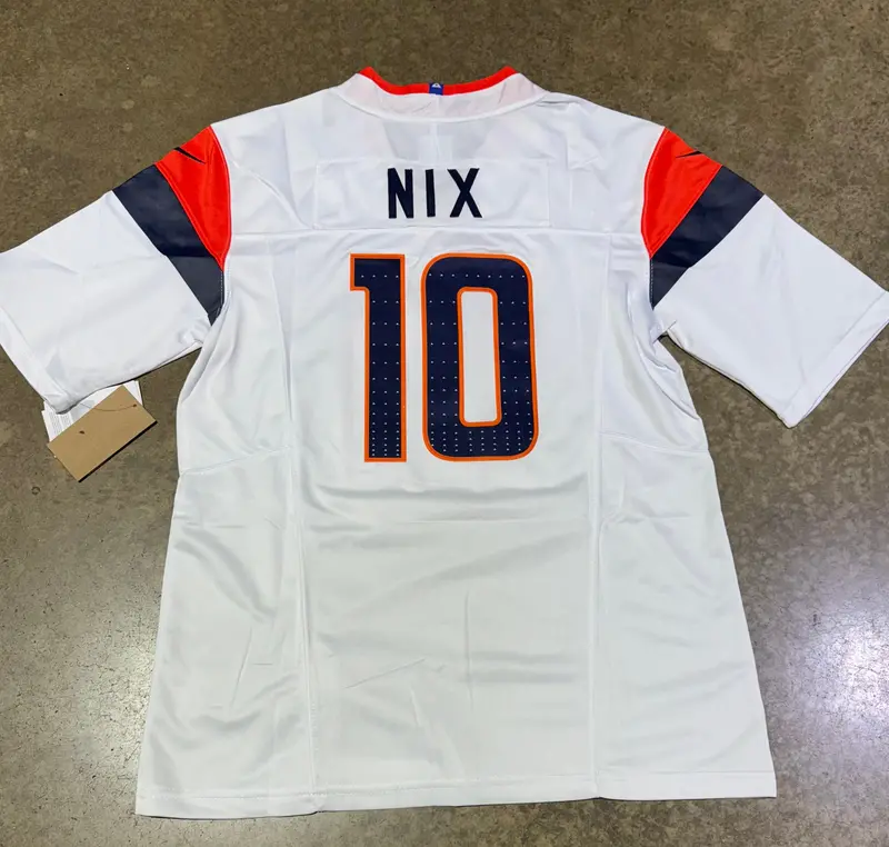Denver Broncos Bo Nix Jersey # 10 White Men With Captain Patch 1