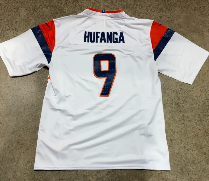 Denver Broncos Talanoa Hufanga Jersey # 9 White With Captain Patch 1