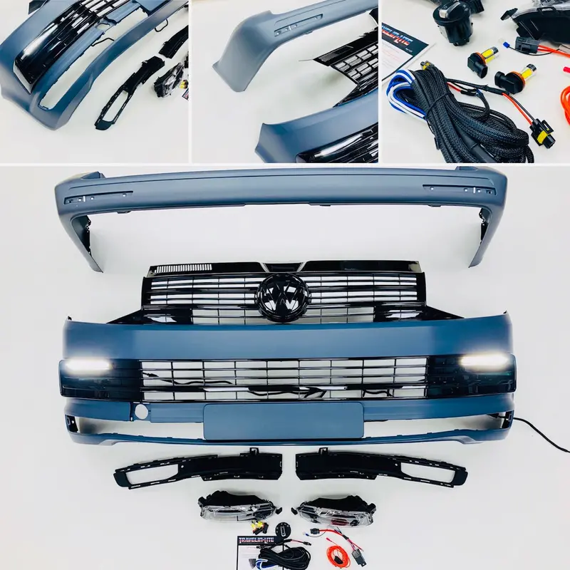 T6 Front And Rear Bumper Primed Gloss Black Drl & Grilles Led Fog Kit 1