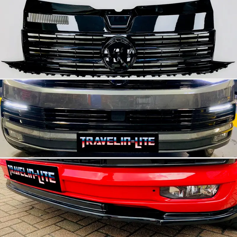 T6 Front Grille Lower Grilles Drl Kit & Splitter Gloss Black Radar Sensor 1