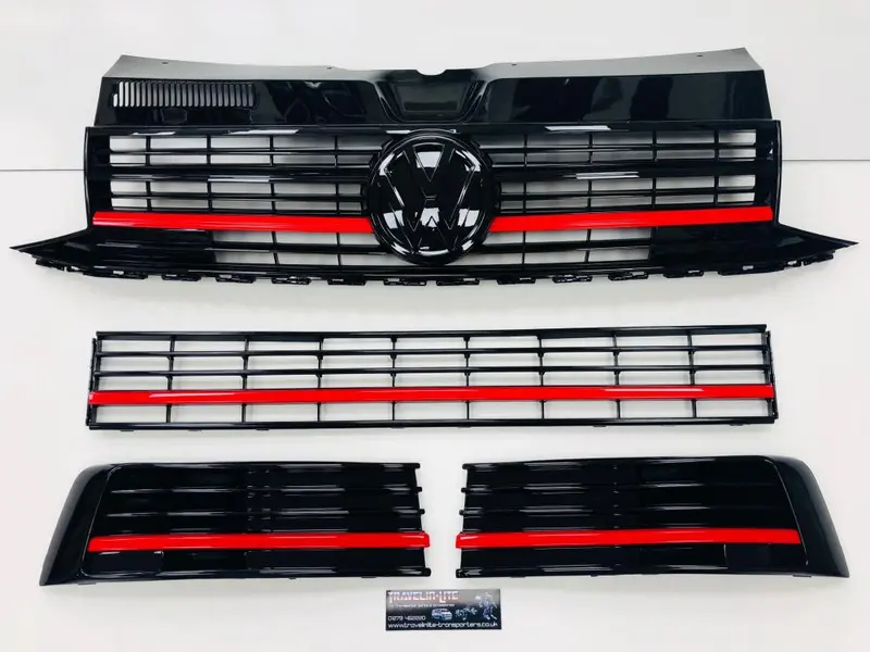 T6 Gloss Black Upper & Lower Grilles Red Styling Trim With Badge 2015 Onwards 1