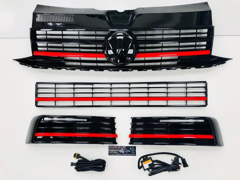 T6 Gloss Black Upper & Lower Grilles Red Trims With Light Bar Drl Kit 15 Onwards 1