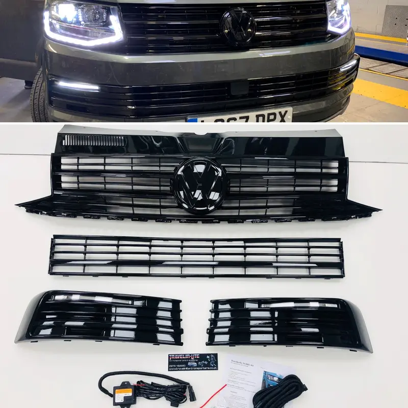 T6 Gloss Black Upper & Lower Grilles With Light Bar Drl Kit 15 Onwards New 1