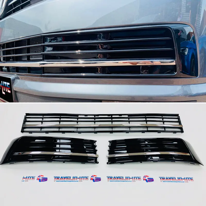 T6 Transporter Gloss Black Lower Grilles 3Pcs With Chrome Trims Brand New 1