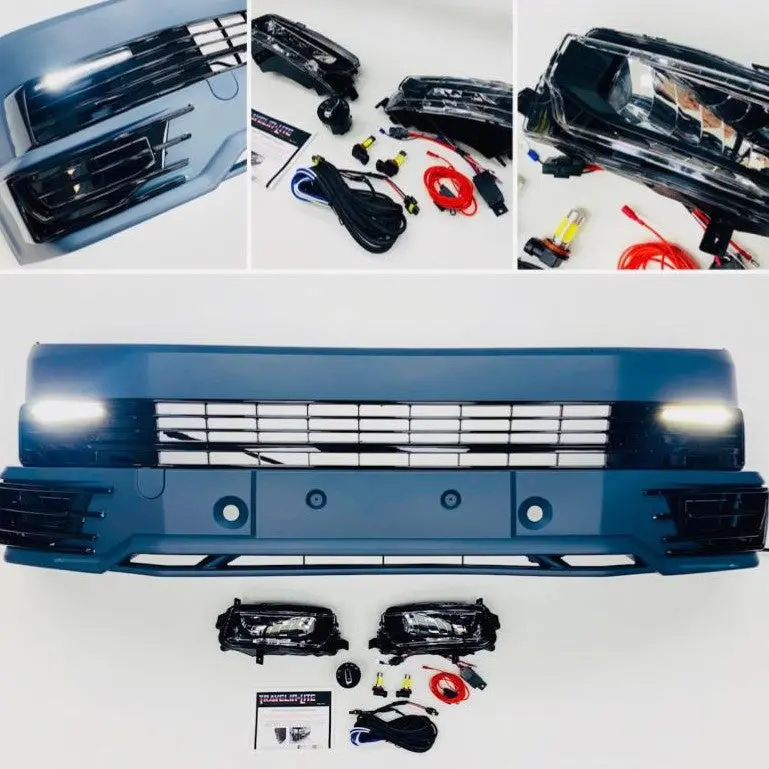 Vw T6 Front Bumper Sportline Lower Spoiler Gloss Black Drl Kit & Led Fog Kit 1
