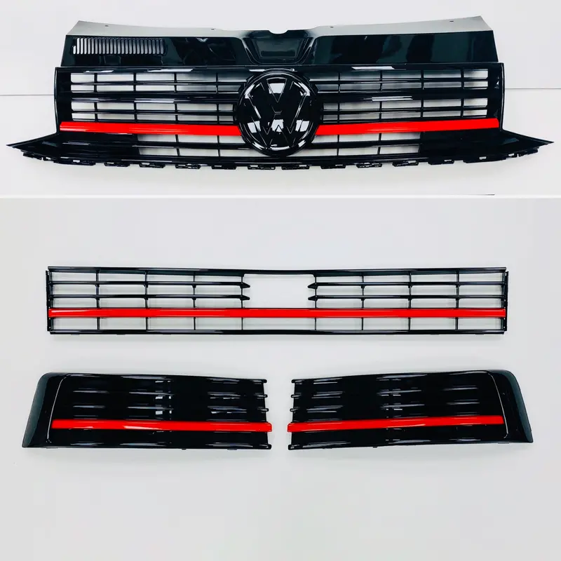 Vw T6 Gloss Black Upper & Lower Grilles Red Trim Radar Transporter 1