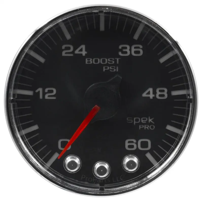 Autometer Spek-Pro 2-1/16" Boost Gauge – 60 Psi, Stepper Motor, Peak Hold & Warning, Black/Chrome 1
